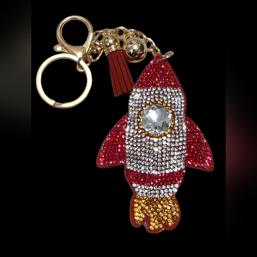 Sparkling Rocket Bag Charm Keychain with Gold Accents